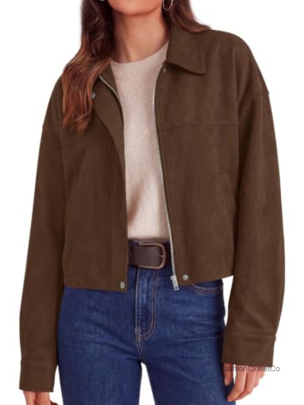 Faux Suede Cropped Zip Up Jacket Lapel Collar Long Sleeve Lightweight Fall Coat